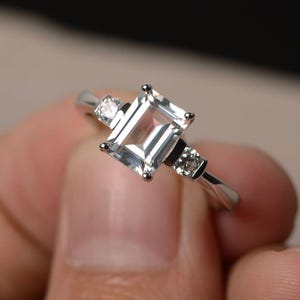 Engagement Ring Natural White Topaz Ring Emerald Cut Gemstone Ring Sterling Silver Ring
