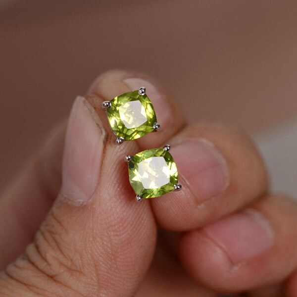 Natural Peridot Earrings Stud Yellow Green Gemstone Eraaings Sterling Silver