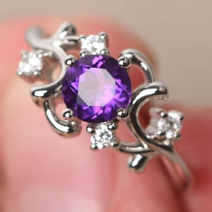 Amethyst Twig Engagement Ring Round Shape 6 mm Cluster February Birthstone Ring