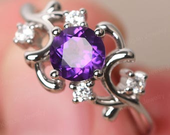 Amethyst Twig Engagement Ring Round Shape 6 mm Cluster February Birthstone Ring