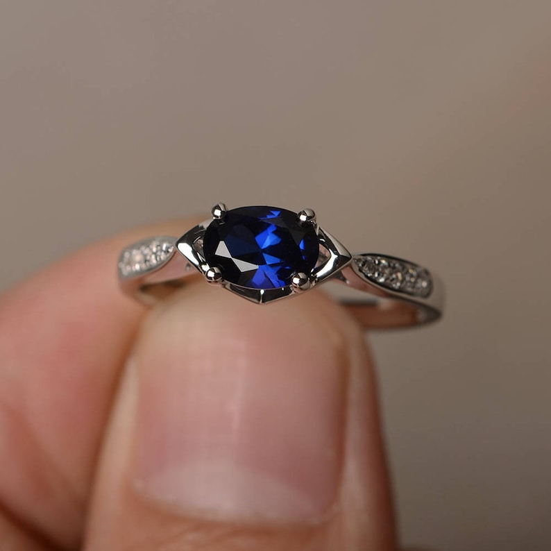 Blue Sapphire Ring Proposal Ring September Birthstone Ring Blue Gemstone Oval Cut Gems Sterling Silver Ring