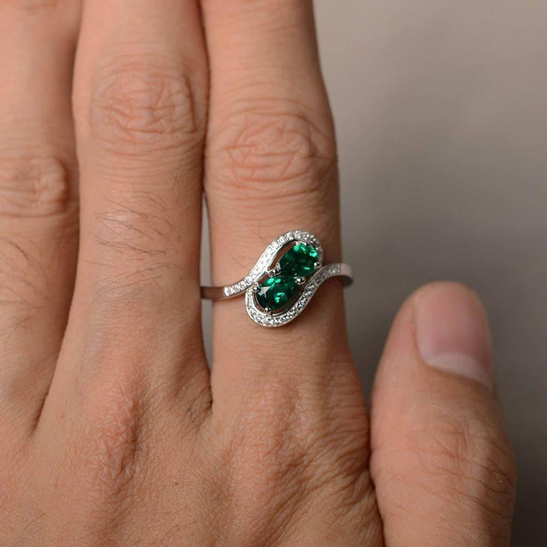 Emerald Silver Rings Anniversary Rings Sterling Silver Rings Pear Cut Rings May Birthstone Rings Prong Setting Rings image 3