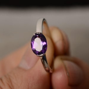 Natural Amethyst Ring Oval Cut Solitaire Ring Sterling Silver February Birthstone Ring Purple Gemstone