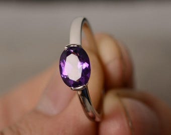Natural Amethyst Ring Oval Cut Solitaire Ring Sterling Silver February Birthstone Ring Purple Gemstone