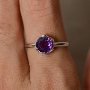 Natural Amethyst Ring Sterling Silver Purple Gemstone Solitaire Ring February Birthstone Ring