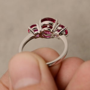 Handmade Three Stone Lab Ruby Ring, Sterling Silver Promise Ring image 6