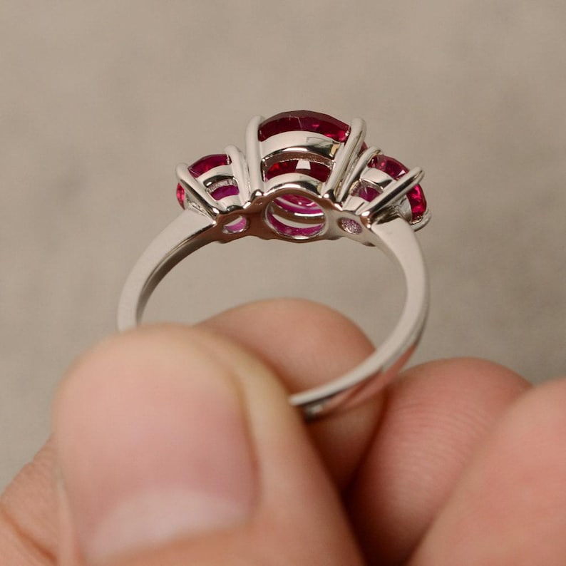 Handmade Three Stone Lab Ruby Ring, Sterling Silver Promise Ring image 6