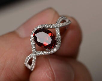 Oval Cut Garnet Ring Silver Engagement Ring Red Gemstone Ring January Birthstone