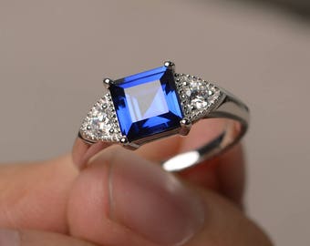 Blue Sapphire Ring Engagement Ring Square Cut Blue Gemstone September Birthstone Ring Sterling Silver Ring