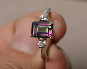 Cocktail Party Ring Mystic Topaz Ring Emerald Cut Rainbow Gemstone Ring Sterling Silver Ring Gifts for Her