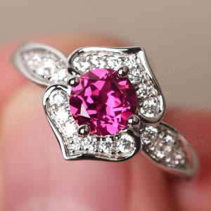 Unique Ruby Flower Promise Ring Sterling Silver Round Shape Double Heart Ring July Birthstone