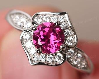 Unique Ruby Flower Promise Ring Sterling Silver Round Shape Double Heart Ring July Birthstone