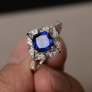 Blue Sapphire Ring Engagement Ring September Birthstone Ring Cushion Cut Blue Gemstone Sterling Silver Ring