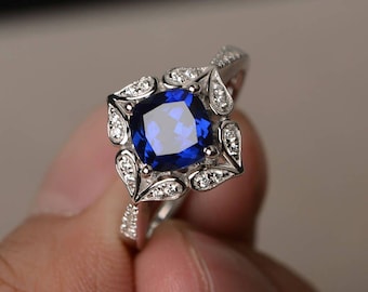 Blue Sapphire Ring Engagement Ring September Birthstone Ring Cushion Cut Blue Gemstone Sterling Silver Ring