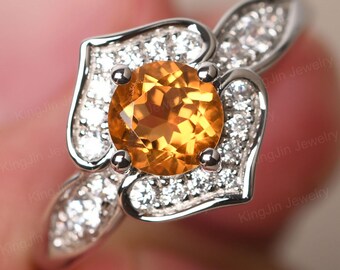 Custom Citrine Flora Statement Ring 14K White Gold Round Shape 6 mm November  Birthstone Ring