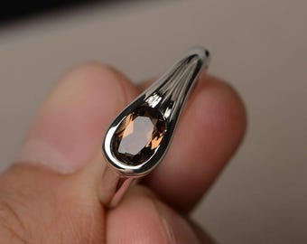 Handmade Smoky Quartz Engagement Ring, Oval Solitaire, Sterling Silver