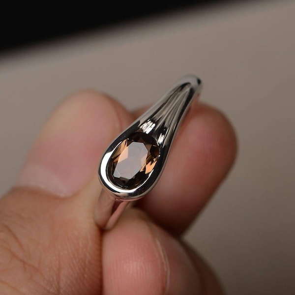 Handmade Smoky Quartz Engagement Ring, Oval Solitaire, Sterling Silver
