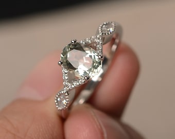 Natural Green Amethyst Rings Oval Cut Rings Solid Silver Rings Bridal Rings