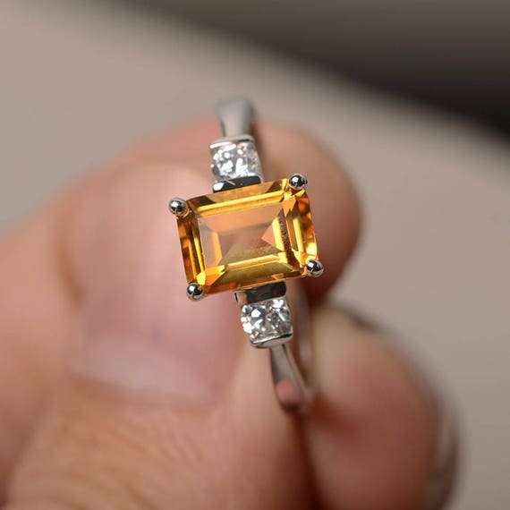 Citrine Ring Emerald Cut Yellow Gemstone Ring Silver Ring November