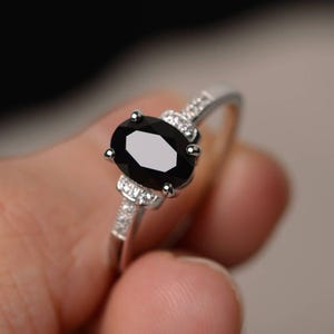 Genuine Black Spinel Ring Engagement Ring Sterling Silver Oval Cut Black Gemstone Ring For Women