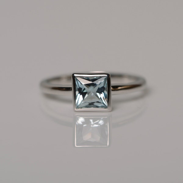 Natural Aquamarine Ring March Birthstone Ring Princess Square Gemstone Ring Silver Vermeil Sterling Silver