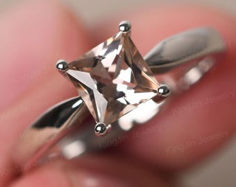 14K White Gold Morganite Engagement Ring Princess Cut 6x6 mm Pink Stone Proposal Ring