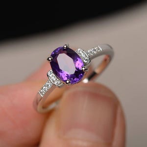 Natural  Amethyst Sterling Silver Ring Oval Cut Engagement Promise Ring Purple Gemstone Ring February Birthstone Ring
