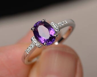 Natuurlijke amethist sterlingzilveren ring ovaal geslepen verlovingsring paarse edelsteenring februari geboortesteenring