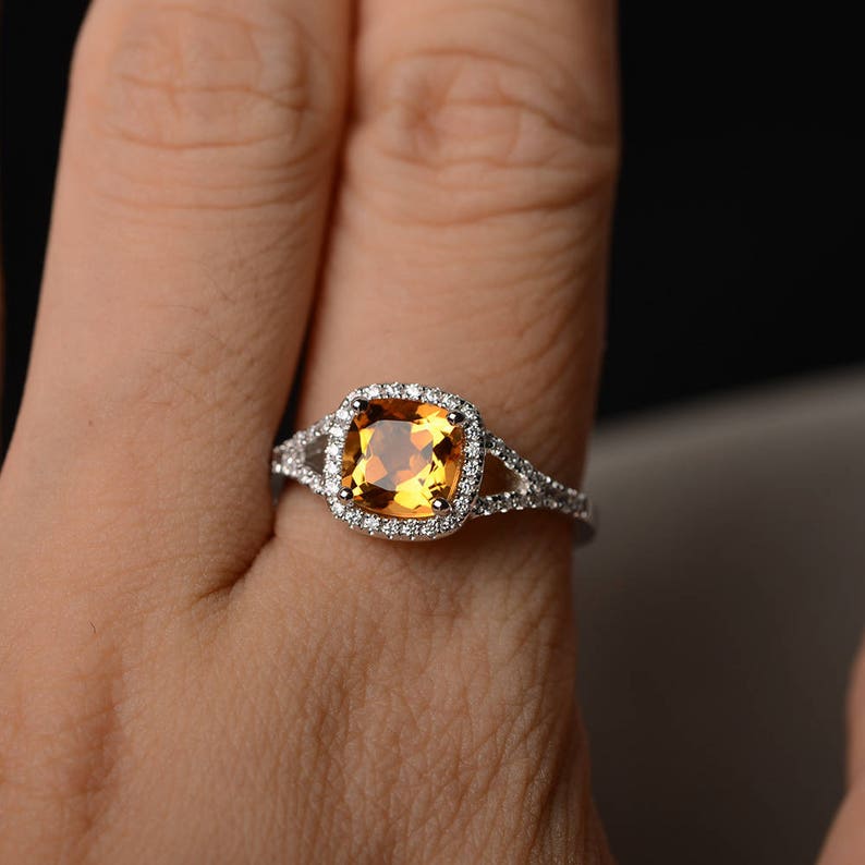 November Birthstone Wedding Ring Cushion Cut Natural Citrinel Etsy