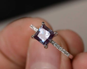 Alexandrite Ring Princess Cut Engagement Ring Silver Slim Delicate Ring June Birthstone Ring