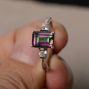 Cocktail Party Ring Mystic Topaz Ring Emerald Cut Rainbow Gemstone Ring Sterling Silver Ring Gifts for Her