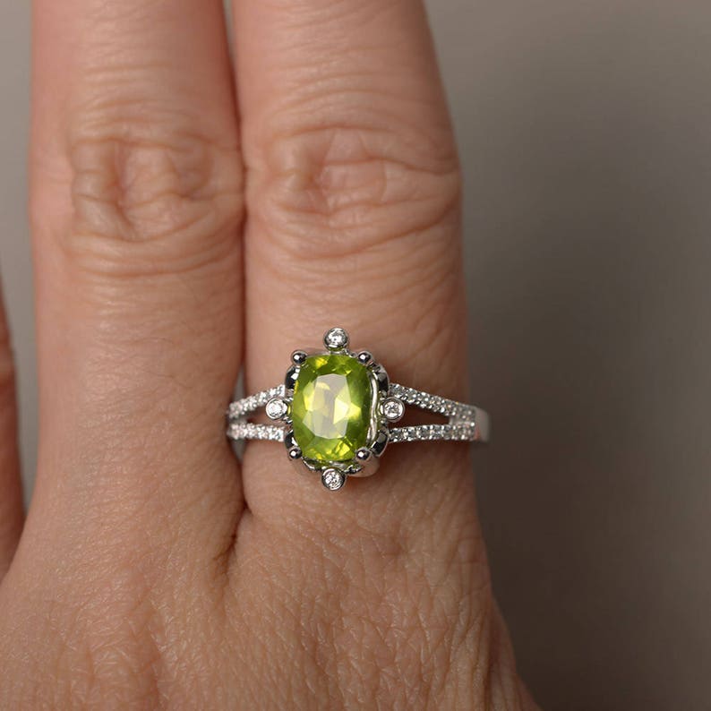 Natural Peridot Engagement Rings Cushion Cut Green Gems Rings Sterling Silver Rings August Birthstone