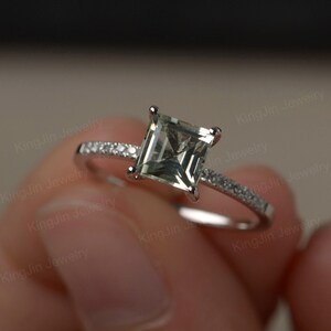 Genuine Green Amethyst Ring Princess Cut White Gold Engagement Ring For Women