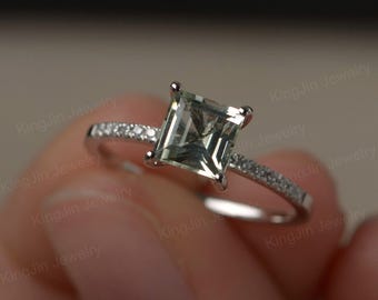 Genuine Green Amethyst Ring Princess Cut White Gold Engagement Ring For Women