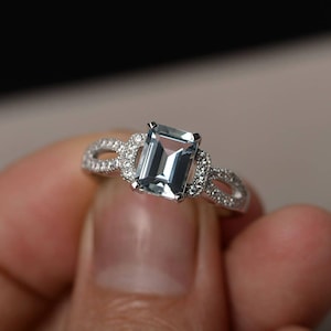Aquamarine Rings Silver Emerald Cut Engagement Ring Blue Gemstone Ring March Birthstone