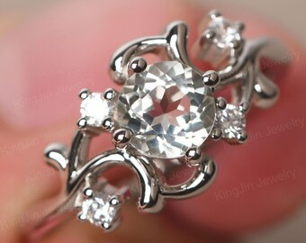 Custom Green Amethyst Promise Ring Round Shape 14K White Gold Branch Wedding Ring