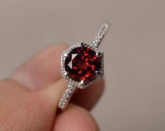 Natural Garnet Ring Silver Round Cut Engagement Ring Anniversary Gift January Birthstone