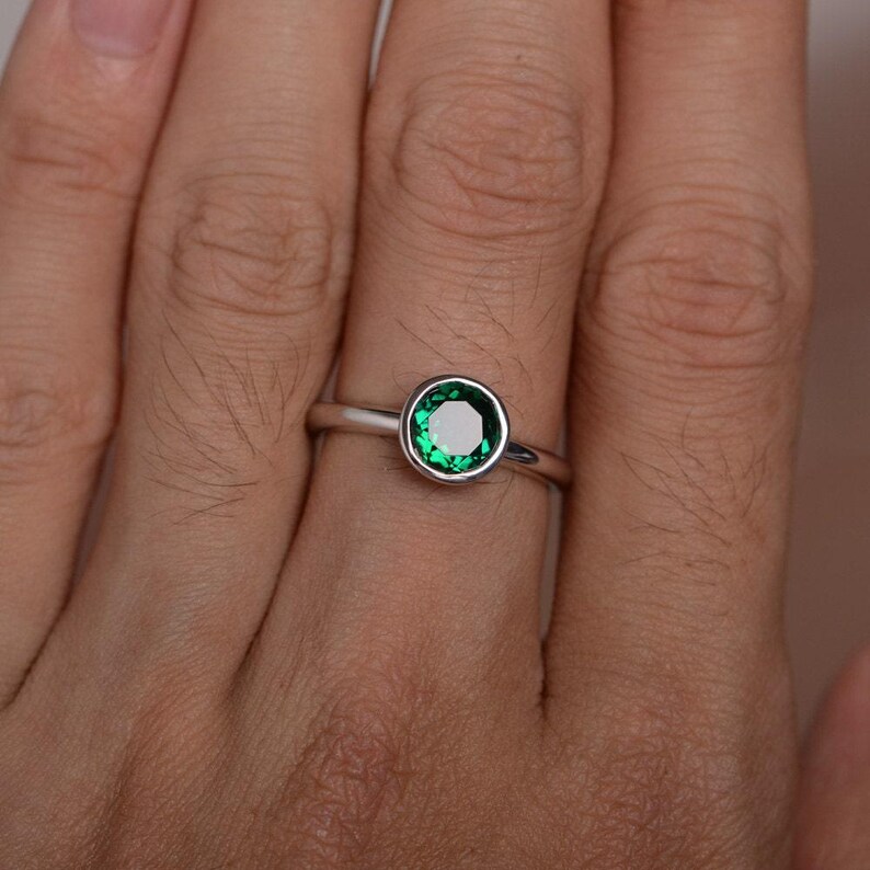 Lab Emerald Ring Gemstone Ring Sterling Silver Ring Bezel Ring Engagement Ring Birthstone Ring image 2