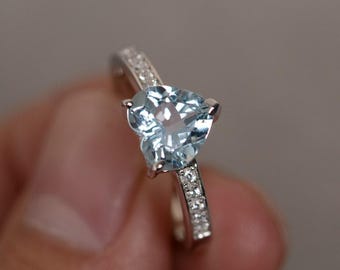Natural Aquamarine Ring Heart Cut Gemstone Ring Sterling Silver Promise Ring March Birthstone Ring Wedding Ring