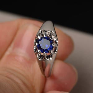 Lab Sapphire Ring Engagement Ring Round Cut Blue Gemstone Ring Sterling Silver Ring September Birthstone Solitaire Ring