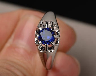 Lab Sapphire Ring Verlobungsring Rundschliff Blauer Edelstein Ring Sterling Silber Ring September Birthstone Solitaire Ring