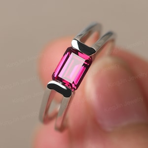 Delicate Ruby Ring Sterling Silver Emerald Cut Anniversary Ring East West July Birthstone Ring