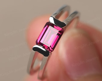 Delicate Ruby Ring Sterling Silver Emerald Cut Anniversary Ring East West July Birthstone Ring