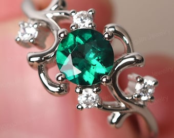 Round Cut Emerald Branch Engagement Ring Sterling Silver Cluster May Birthstone Ring