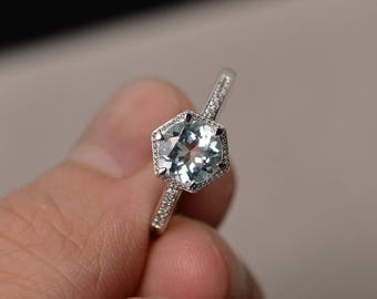 Natural Aquamarine Engagement Ring Gemstone Ring Round Cut Ring