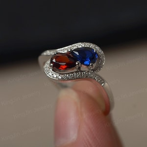 two stone ring lab sapphire garnet ring pear cut sterling silver ring for women