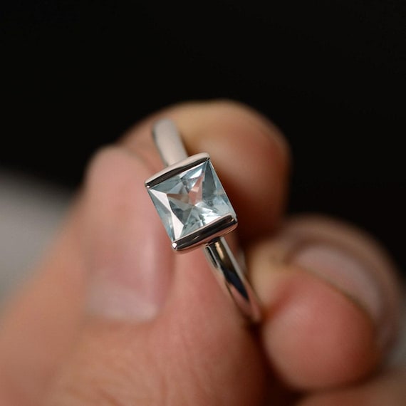 Natural Aquamarine Ring Solitaire Ring Sterling Silver Princess Cut Ring March Birthstone Ring