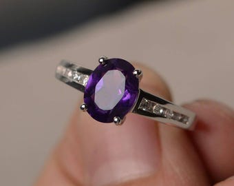 Natural Amethyst Ring Promise Ring Oval Cut Gems Purple Gemstone February Birthstone Ring Sterling Silver Ring