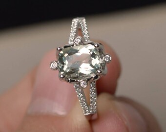 Natural Green Amethyst Silver Rings Promise Rings Cushion Cut Rings Green Gemstone Wedding Gifts