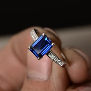 Lab Sapphire Ring Silver Engagement Ring September Birthstone Ring Blue Gemstone Sapphire Anniversary Ring